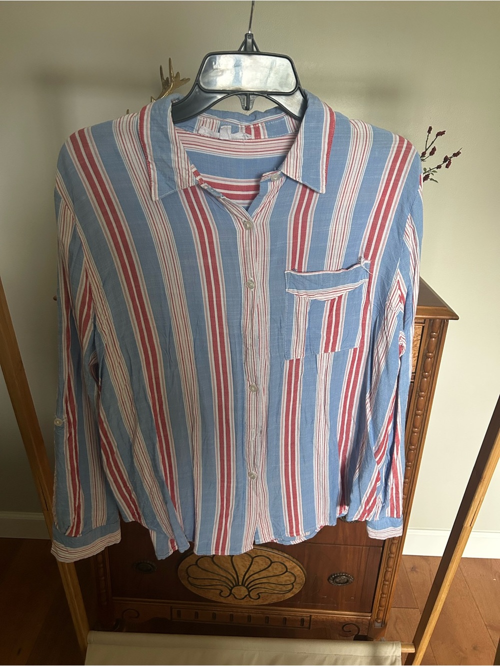 Women’s Blue and Red Striped Casual Button-Up Shirt